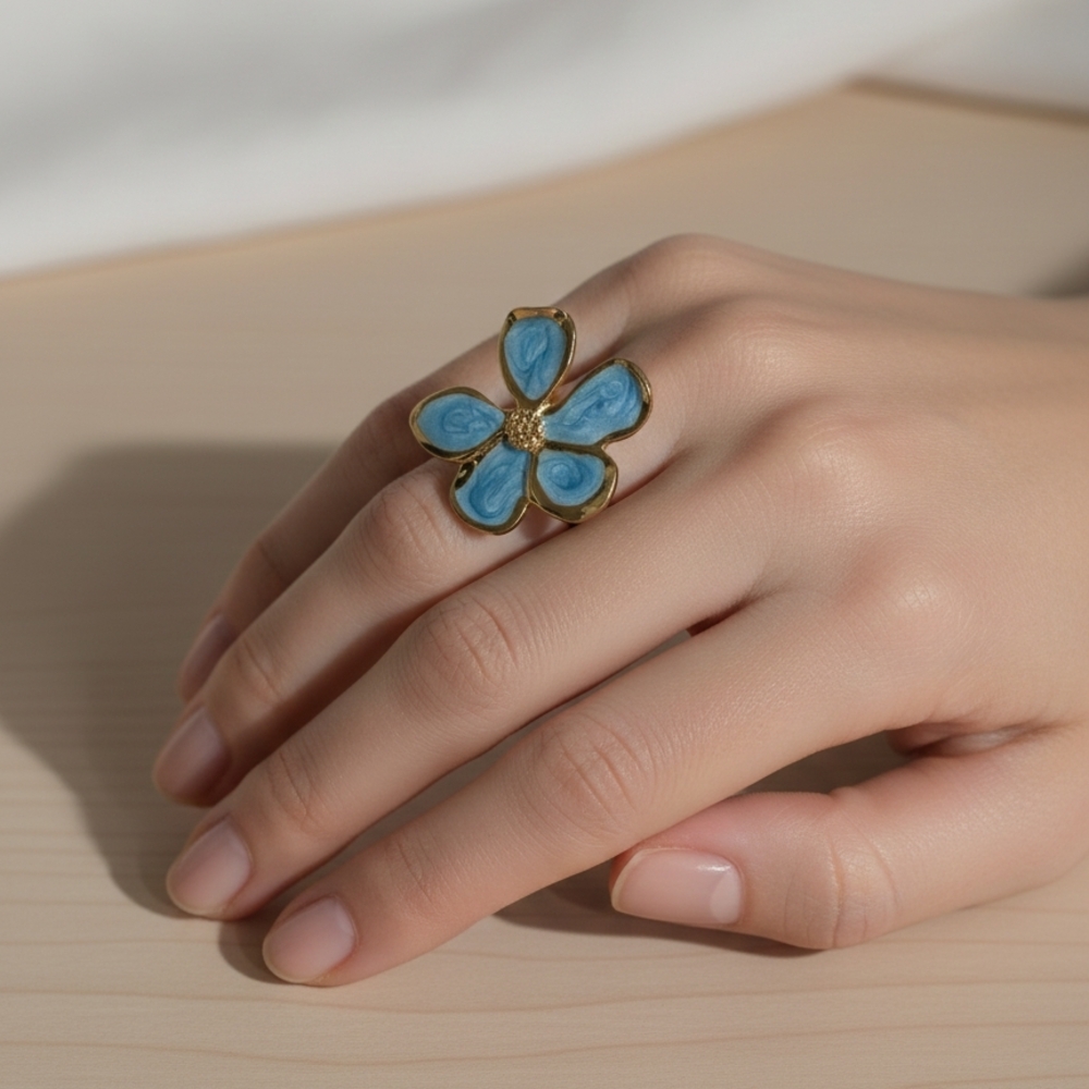 💠 Stainless Steel Blue Enamel Flower Statement Ring 💠